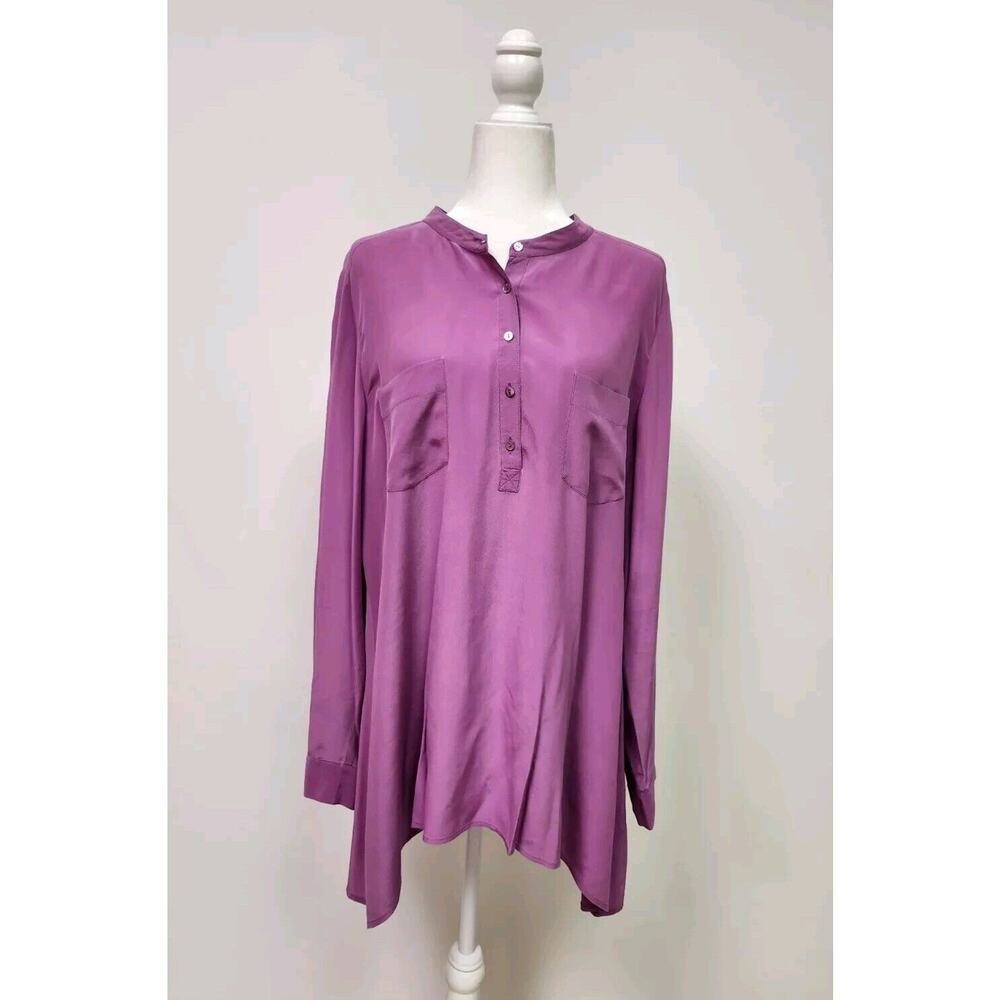 EILEEN FISHER Blouse L Silk Crepe de Chine Tunic Top Long Sleeve Pink